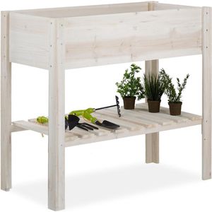 Relaxdays moestuinbak hout - met opbergvak - 80 x 88 x 43,5 cm - balkon - terras - tuin - wit