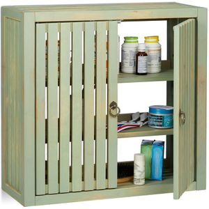 Relaxdays Vintage bamboe wandkast met 2 deuren, magneetsluiting, 2 legplanken, badkamer, keuken, 50 x 52 x 20 cm, groen