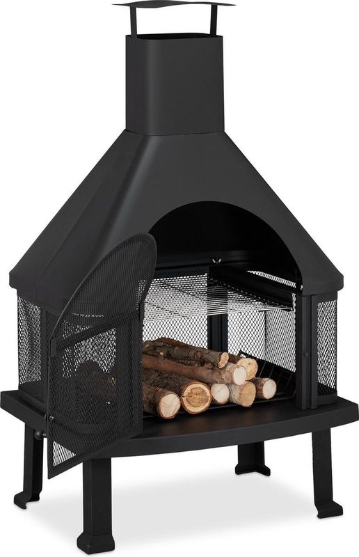 Relaxdays tuinhaard met bbq - vonkenscherm - pook - 110 x 63 x 51 cm - buitenkachel