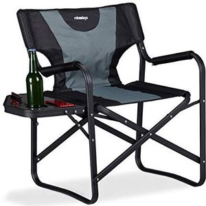 Relaxdays campingstoel met tafeltje, klapbare regiestoel voor de tuin, festival & vissen, met bekerhouder, zwart-grijs