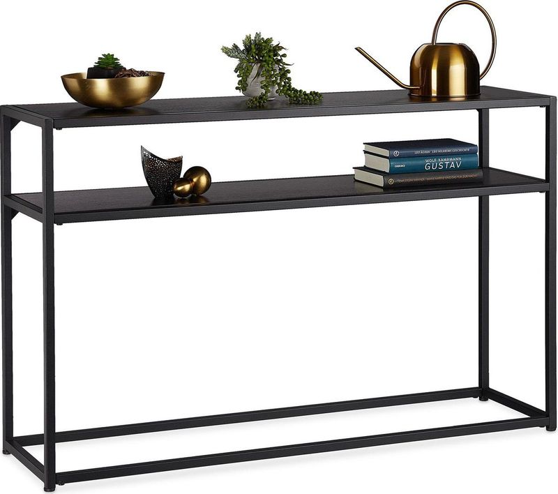 Relaxdays wandtafel, 2 etages, van metaal & MDF, compact, smalle bijzettafel, 70 x 110 x 30 cm, zwart