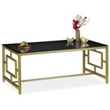 Relaxdays salontafel, zwarte glasplaat, robuust metalen frame, bijzettafel, HxBxD: 45 x 110 x 60 cm, zwart-goud