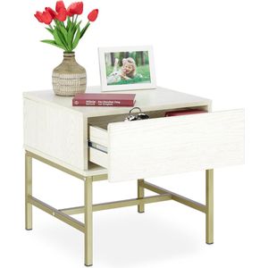 Relaxdays nachtkastje - 50 x 50 x 50 cm - vierkant - met lade - hout - goudkleurig metalen frame - wit