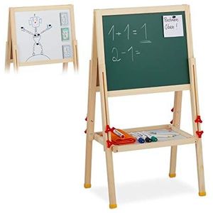 Relaxdays schoolbord kinderen, hoogte verstelbaar & magnetisch, hout, whiteboard & krijtbord, 81-104x45x42 cm, natuur