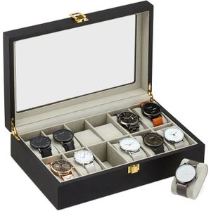 Relaxdays horlogebox 12 vakken - horloge doos - horloge opbergbox - hout - zwart