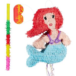 Relaxdays - 3 tlg. Pinata Set Meerjungfrau, Pinatastab mit Augenmaske, für Kinder, Stock & Augenbinde, selbst befüllen, Piñata, bunt