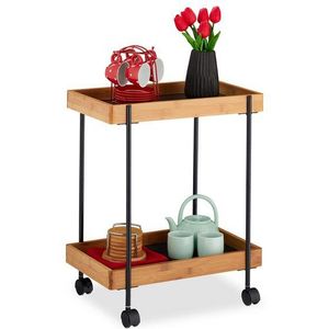 Relaxdays - Servierwagen, Teewagen mit 2 Etagen, Bambus & Eisen, Beistelltisch mit Rollen, 57 x 46 x 28 cm, schwarz/natur