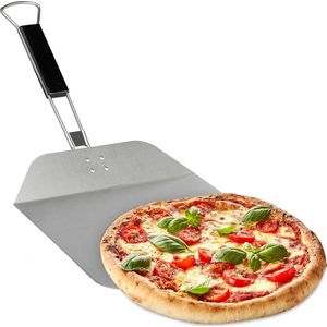 Relaxdays Pizzaschep van roestvrij staal met houten handvat, inklapbaar, voor brood en taarten, 29 x 29 cm, zilver/bruin 10028646