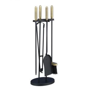 Relaxdays haardset - 5-delig - staal - messing - schep - bezem - pook - tang - haardstel