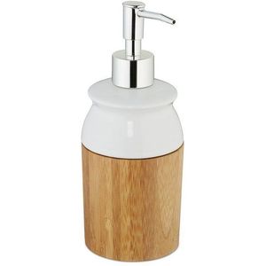 Relaxdays zeeppompje bamboe keramiek - 225 ml - zeepdispenser - badkamer - zeeppomp