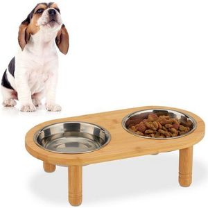 Relaxdays voerbak hond - met standaard - kleine honden - 300 ml bakjes - verhoogd - bamboe - rvs