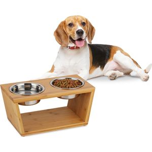 Relaxdays dubbele voerbak verhoogd - 2 rvs bakjes - 18,5 x 40 x 21 cm - voor water en voer - natuur