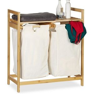 Relaxdays Wasmand bamboe, wassorteerder met legplank, 2 vakken, uittrekbaar, draagbaar wasrek, 60 liter, natuur, 1 stuk