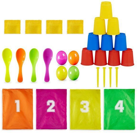 Relaxdays oud Hollandse spelletjes - 3 in 1 set - kinderfeestje - zaklopen - eierlopen - blikgooien