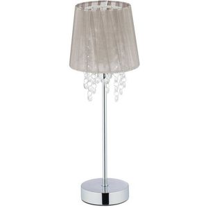 Relaxdays tafellamp kristal, lampenkap van organza, E14-fitting, ronde voet, nachtlampje, HxØ: 41x14,5 cm, grijs/zilver