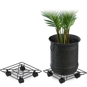 Relaxdays plantentrolley metaal, set van 2, binnen en buiten, met rem, voor bloempotten, metaal, 28 x 28 cm, zwart