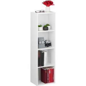 Relaxdays boekenkast 4 vakken, modern design, woonkamer, open kast smal, van PB, HxBxD: 106 x 30 x 23 cm, wit