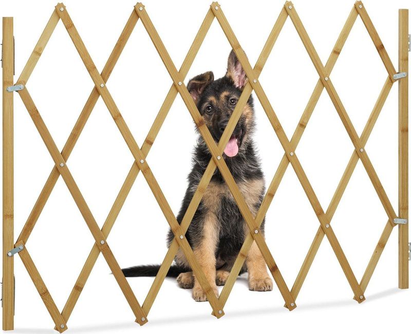Relaxdays uitschuifbaar hondenhek bamboe - deur en trap - tot 116,5 cm uittrekbaar - 82,5 cm - natuur