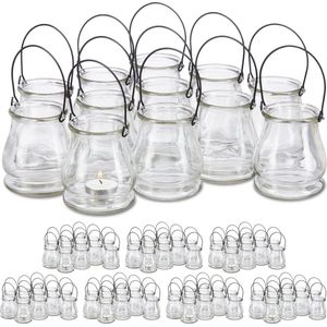 Relaxdays - 96 x Windlicht aus Glas, runde Glasvase mit Henkel, Tischdeko für Drinnen u. Draußen, Hängewindlicht 10 cm hoch, klar