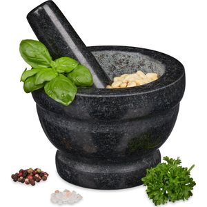 Relaxdays vijzel en stamper graniet - voor specerijen en kruiden - gepolijst - Ø 14 cm - 400 ml - grijs