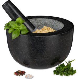 Relaxdays vijzel met stamper - graniet - Ø 20 cm - gepolijst - 750 ml - voor kruiden - donkergrijs