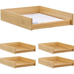 5 x Dokumentenablage Holz, din A4 Papierfach, Büro, Schreibtisch, flach, Briefablage Bambus, BxT: 25x33 cm, natur