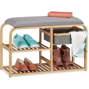 Relaxdays schoenenbank met zitkussen, voor hal & gang, smal, schoenenrek van bamboe, HxBxD: 45x69x30 cm, grijs/natuur