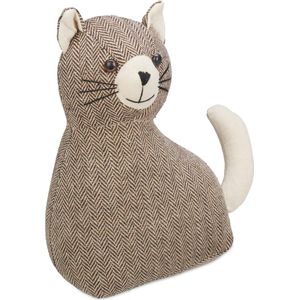 Relaxdays deurstopper kat, zwaar, van stof, voor op de vloer, 1,4 kg, gevuld met zand, HxBxD 25,5 x 22 x 10 cm, bruin