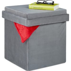 poef met opbergruimte - dienblad in deksel - opbergpoef - opvouwbaar - grijs