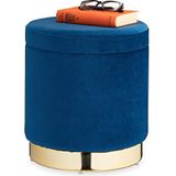 Relaxdays velvet poef met opbergruimte - rond - modern - fluweel - 41,5 x 37 cm - blauw-goud