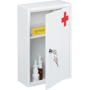 Relaxdays medicijnkast, afsluitbaar, 2 vakken, met slot, wandkastje voor medicijnen, HBD: 32 x 21,5 x 8 cm, wit/rood