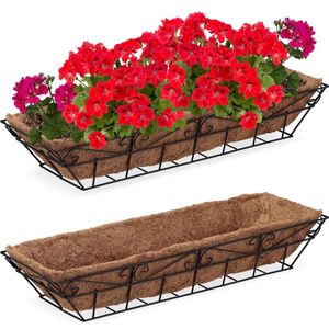 Relaxdays Plantenbakken voor tuin, ijzer en ijzer, waterdoorlatend, 11,5 x 75 x 21,5 cm, zwart, 2 stuks