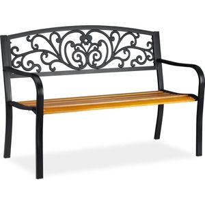 Relaxdays tuinbank metaal, 2 persoons, balkon, terras, hout, rustieke parkbank, HxBxD: 86,5x127x59 cm, bruin/zwart