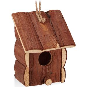 Relaxdays decoratie vogelhuisje, hangend, onbehandeld hout, balkon, tuin, nestkastje, klein HBD 16,5x12x9,5cm, natuur