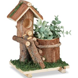 Relaxdays Houten bloempot met decoratief vogelhuis en mos, boomstronk, rustieke decoratie, bruin