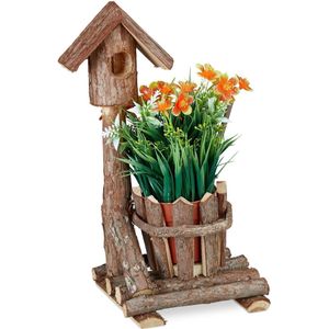 bloempot hout - met vogelhuisje - schors - ronde sierpot - binnen - buiten - binnenpot
