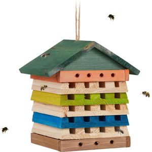 Relaxdays insectenhotel, nestkast voor wilde bijen, dak, tuin, hangend, bijenhotel HxBxD 19,5 x 18 x 14 cm, meerkleurig