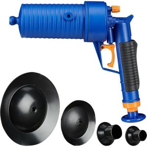 Relaxdays gootsteenontstopper luchtdruk, voor verstopte afvoer, badkamer, keuken, 4 opzetstukken, blauw