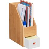 Relaxdays tijdschriftencassette, A4 formaat, tijdschriftenhouder bamboe, MDF, bureau, HxBxD 30 x 12 x 23 cm, natuur-wit