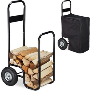 Relaxdays brandhout kar, metaal, met hoes, 2 wielen, 60 kg, transport van hout & houtopslag, brandhoutwagen, zwart