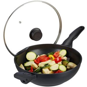 Relaxdays wokpan met deksel - 30 cm - antiaanbaklaag - inductie - gas - elektrisch - zwart