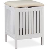 Relaxdays wasmand kruk - wasbox wit - badkamerstoel - wasgoed mand hout - badkamerkruk