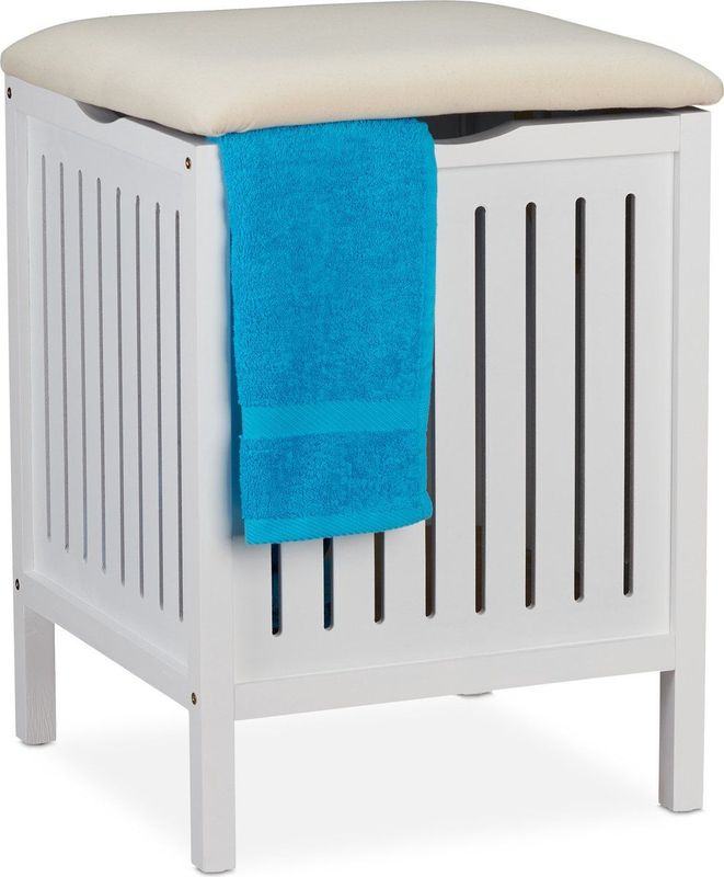 Relaxdays wasmand kruk - wasbox wit - badkamerstoel - wasgoed mand hout - badkamerkruk