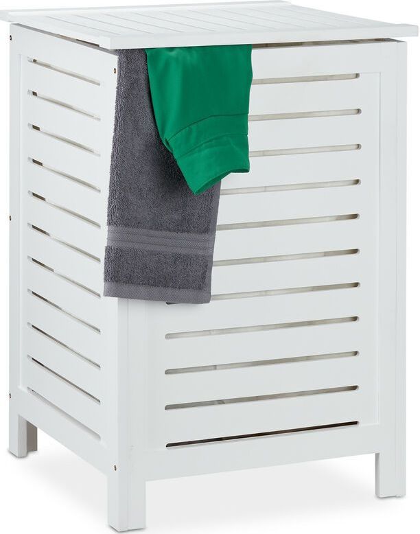 Relaxdays wasmand grenen - wasbox wit - walnotenhout - wasmand met deksel - opbergmand 86