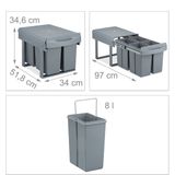 Relaxdays inbouw prullenbak - 4 vakken -15 l en 2 x 8 l - 34,6 x 34 x 51,8 cm - kunststof - grijs