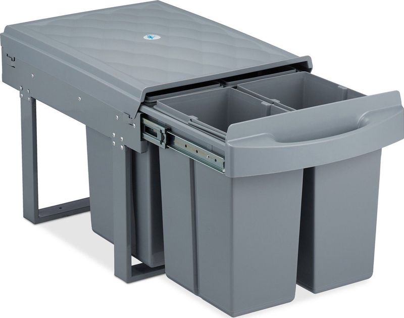 Relaxdays inbouw prullenbak - 4 vakken -15 l en 2 x 8 l - 34,6 x 34 x 51,8 cm - kunststof - grijs