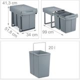Relaxdays inbouw prullenbak - 2 vakken - 2 x 20 l - kunststof - 41,3 x 34 x 51,8 cm - grijs