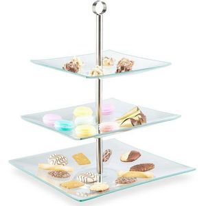 Relaxdays glazen etagère - 3 laags - serveerschaal - voor hapjes en taart - glas - rvs