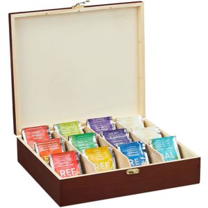 Relaxdays theedoos - 12 vaks - hout - 7,5x29x26 cm - groot - bruin