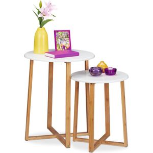 Relaxdays bijzettafel set van 2, ronde mimiset. 48.5 & 60.5 cm hoog, modern design, koffietafel, naturel/wit